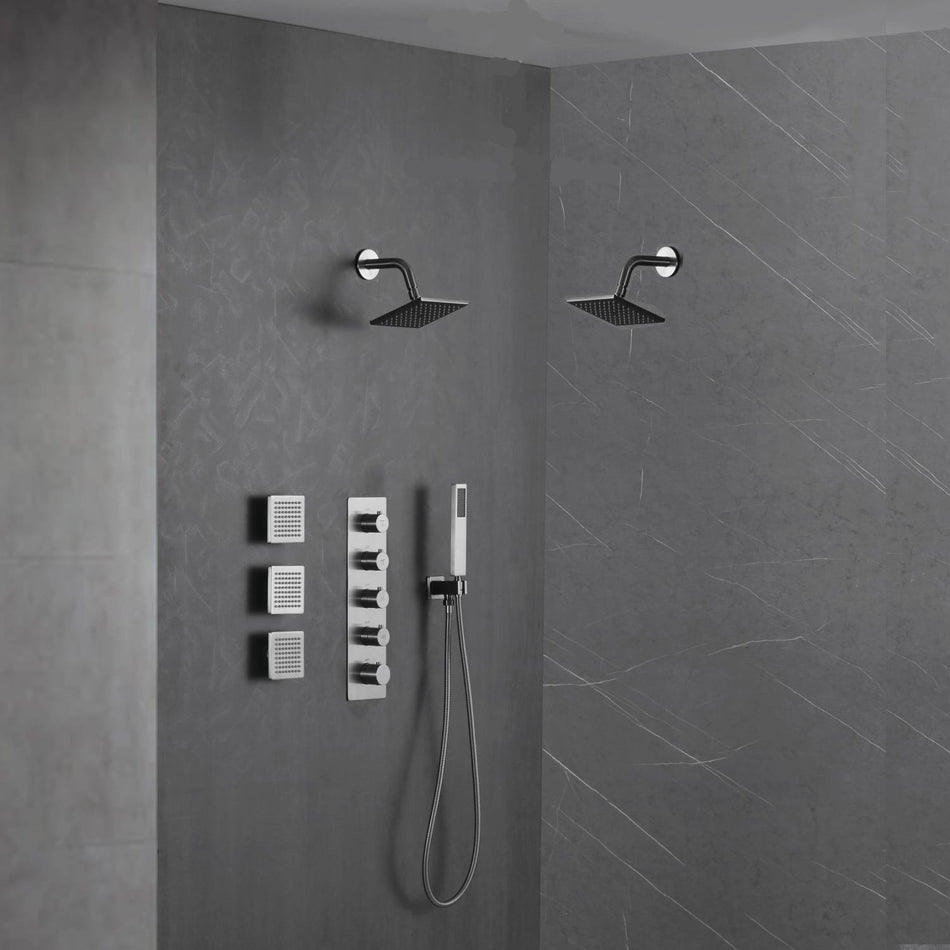 Brushed nickel wall mounted dual regular shower head high pressure shower head 4 way thermostatic valve shower heads systems each function work at the same time and separately
