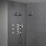 Brushed nickel wall mounted dual regular shower head high pressure shower head 4 way thermostatic valve shower heads systems each function work at the same time and separately