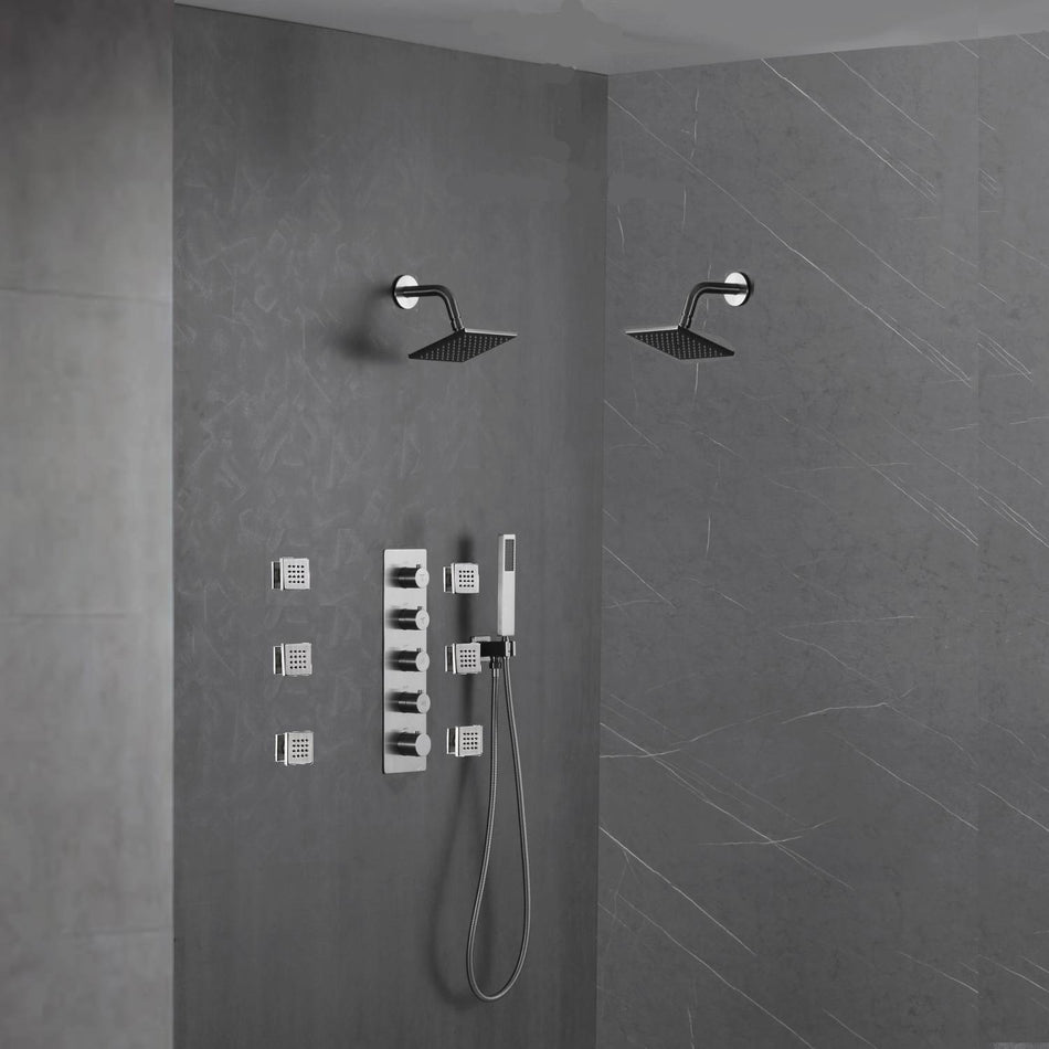 Brushed nickel wall mounted dual regular shower head high pressure shower head 4 way thermostatic valve shower heads systems each function work at the same time and separately