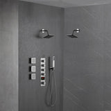 Brushed nickel wall mounted dual regular shower head high pressure shower head 4 way thermostatic valve shower heads systems each function work at the same time and separately