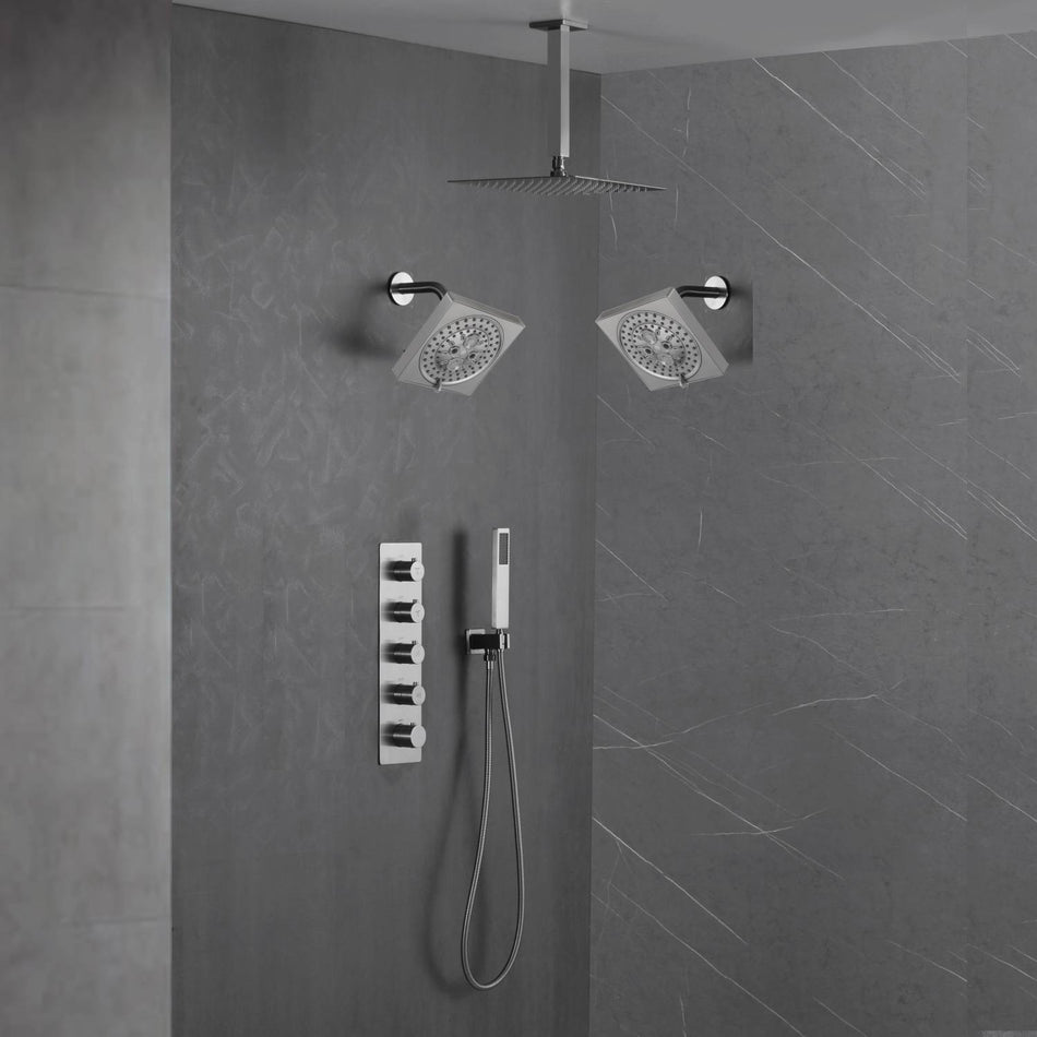 Brushed Nickel 4-Way Thermostatic Ceiling Mount Shower System with Dual Functionality