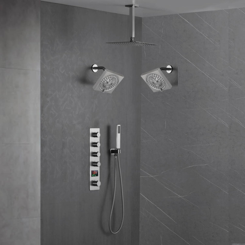 Brushed Nickel 4-Way Thermostatic Ceiling Mount Shower System with Dual Functionality