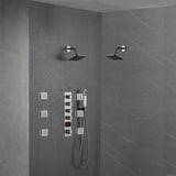 Brushed nickel wall mounted dual regular shower head high pressure shower head 4 way thermostatic valve shower heads systems each function work at the same time and separately