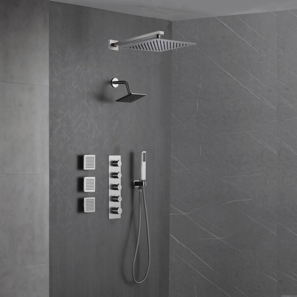Brushed Nickel 4-Way Thermostatic Wall Mount Shower System - Featuring Dual Functionality with 12 or 16-inch LED or Non-LED Rain Head and High Pressure 6-inch Regular Head