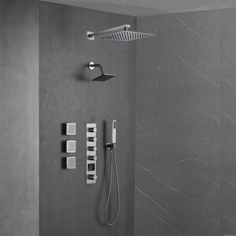 Brushed Nickel 4-Way Thermostatic Wall Mount Shower System - Featuring Dual Functionality with 12 or 16-inch LED or Non-LED Rain Head and High Pressure 6-inch Regular Head
