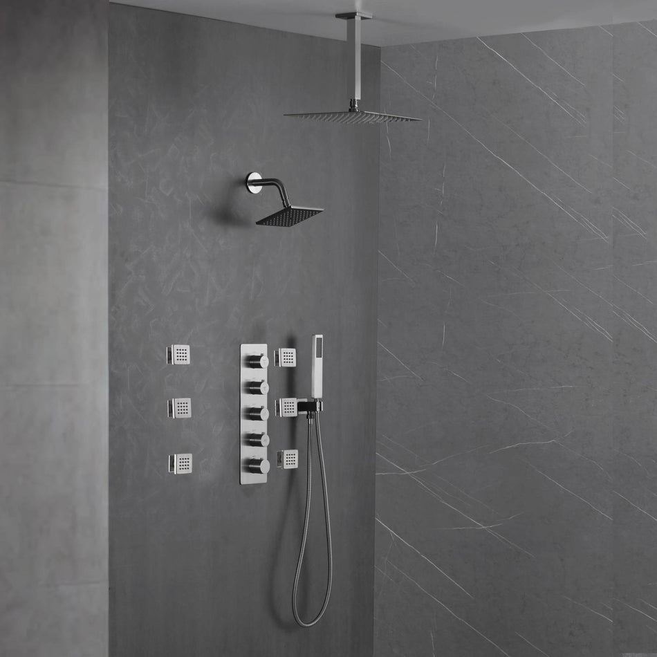 Brushed Nickel 4-Way Thermostatic Ceiling Mount Shower System - Featuring Dual Functionality with 12 or 16-inch LED or Non-LED Rain Head and High Pressure 6-inch Regular Head