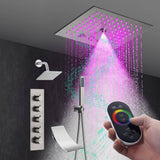 Brushed Nickel 4-Way Thermostatic Shower Faucet: Flush Mount with Waterfall Tub Spout and Regular Head, 12-Inch LED Light Shower Head with 64 Colors and Bluetooth Music