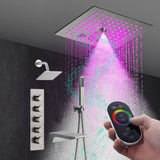 Brushed Nickel 4-Way Thermostatic Shower Faucet: Flush Mount with Waterfall Tub Spout and Regular Head, 12-Inch LED Light Shower Head with 64 Colors and Bluetooth Music