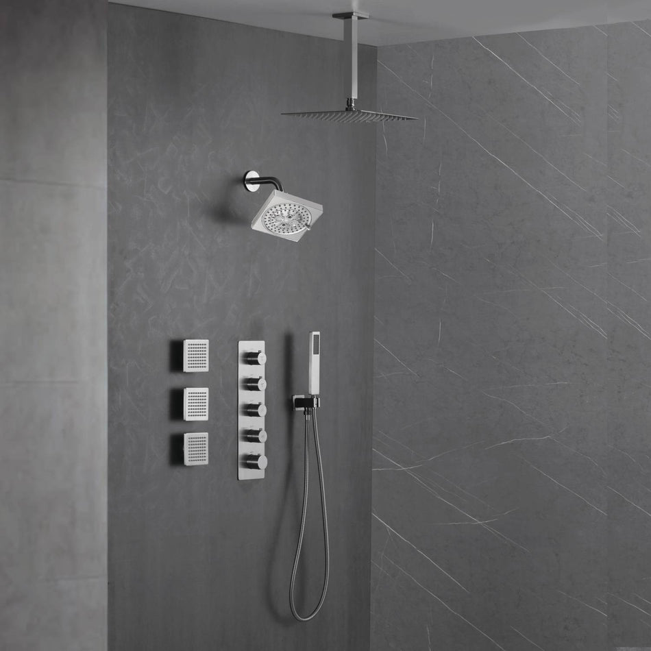 Brushed Nickel 4-Way Thermostatic Ceiling Mount Shower System - Featuring Dual Functionality with 12 or 16-inch LED or Non-LED Rain Head and High Pressure 6-inch Regular Head