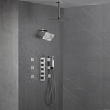 Brushed Nickel 4-Way Thermostatic Ceiling Mount Shower System - Featuring Dual Functionality with 12 or 16-inch LED or Non-LED Rain Head and High Pressure 6-inch Regular Head