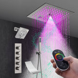 Brushed Nickel 4-Way Thermostatic Shower Faucet: Flush Mount with Waterfall Tub Spout and Regular Head, 12-Inch LED Light Shower Head with 64 Colors and Bluetooth Music