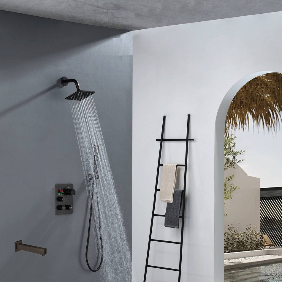 12-Inch Rainfall with our Wall-Mounted Oil Rubbed Bronze 3-Way Thermostatic Shower Faucet System: Simultaneous and Independent Functionality with Tub Spout,LED or Non-LED Options