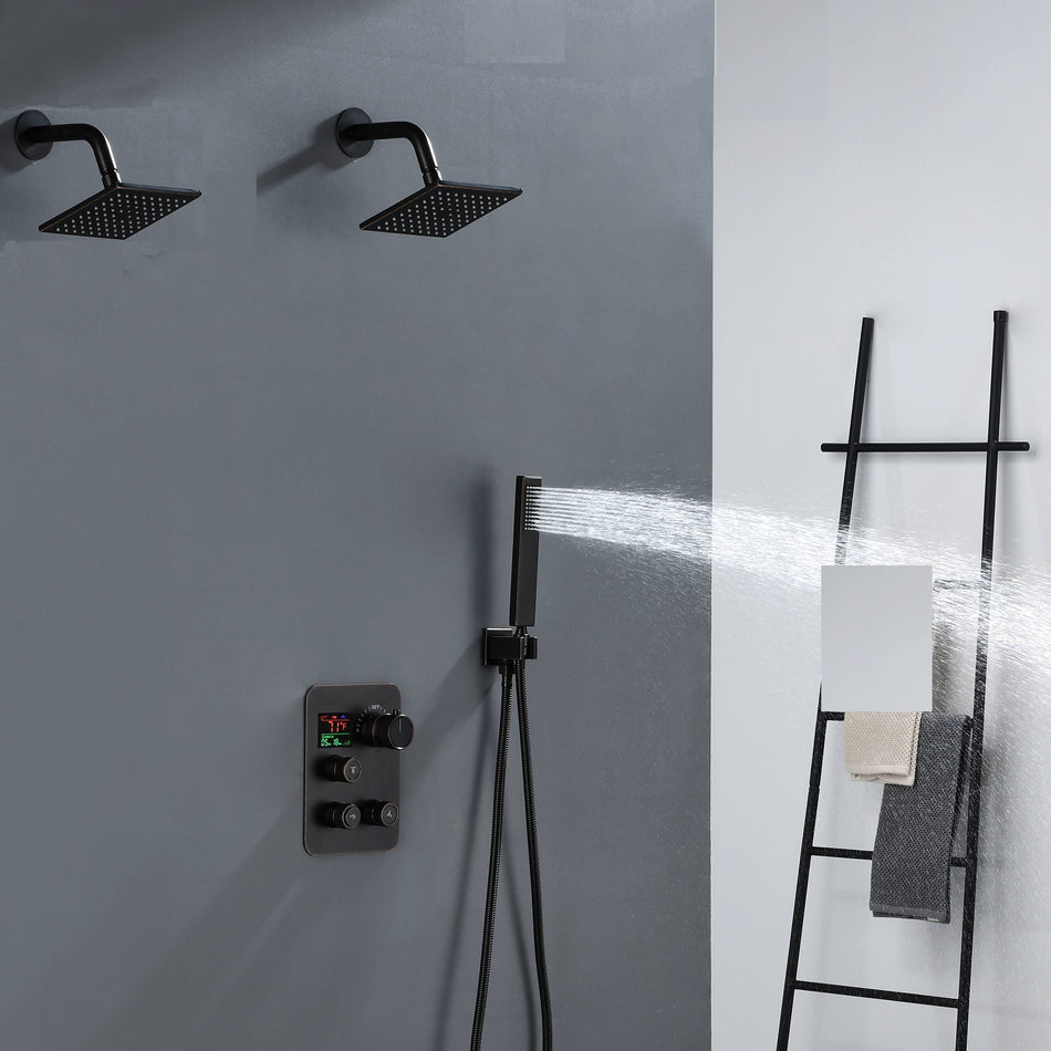 Dual Wall Mounted Regular Heads Oil Rubbed Bronze 3-Way Digital Display Thermostatic Shower Faucet System