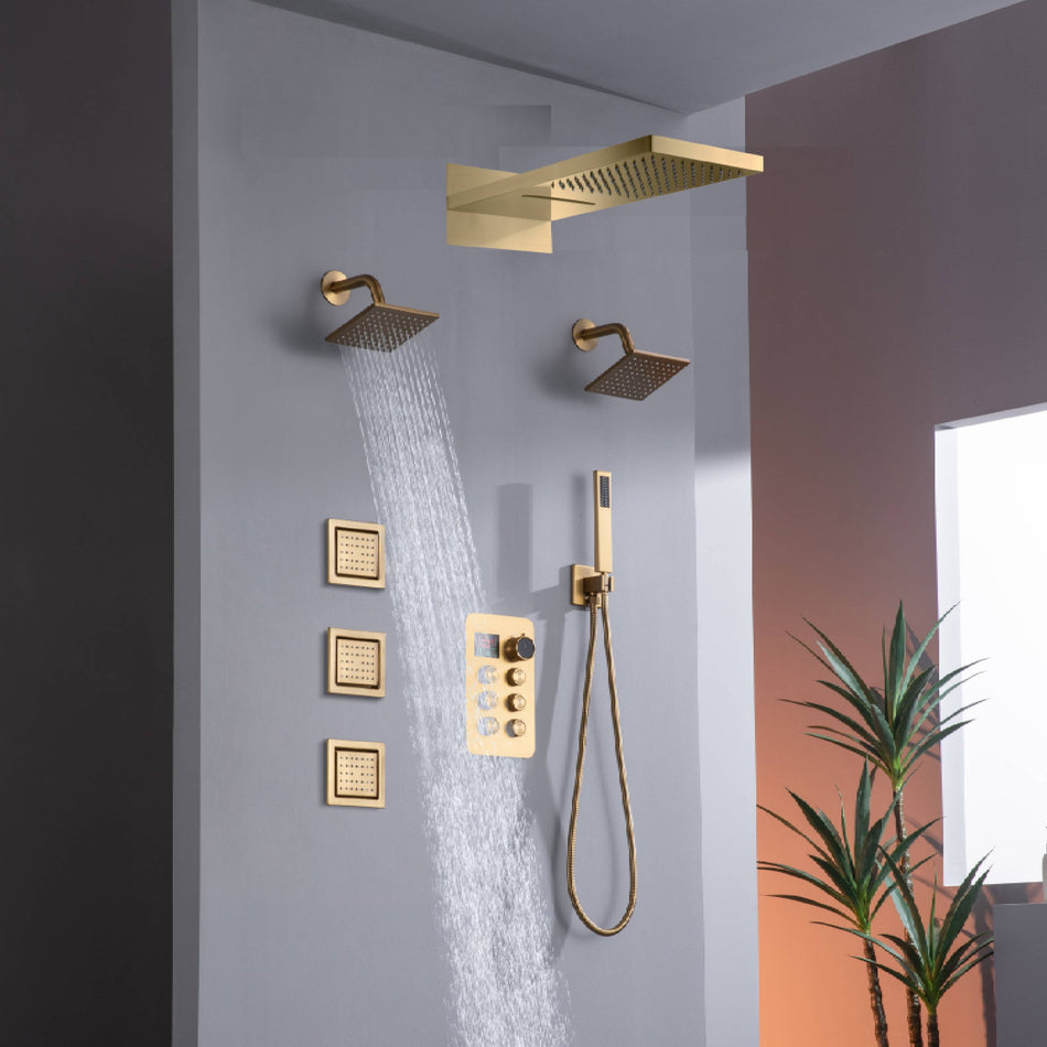 22" Rainfall Waterfall Shower System with 6-Way Thermostatic Faucet, Dual Regular Head, Body Jets