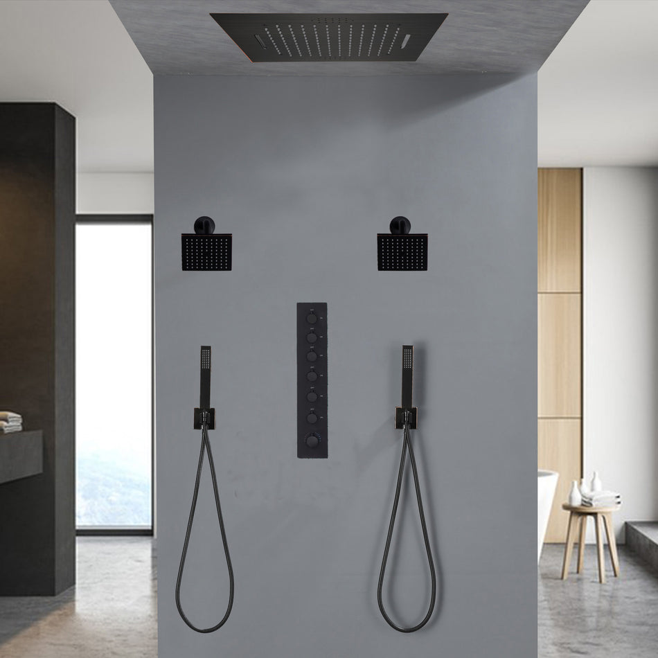 64 LED light Bluetooth Music 20-inch Rainfall Waterfall Flush Mounted Oil Rubbed Bronze 6-Way Thermostatic Shower Faucet System With Dual Regular Heads And Dual Handle Wands