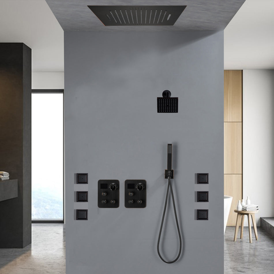 64 LED light Bluetooth Music 20-inch Rainfall Waterfall Flush Mounted Oil Rubbed Bronze 6-Way Thermostatic Shower Faucet System With Regular Heads And Handle Wand,Body Jets