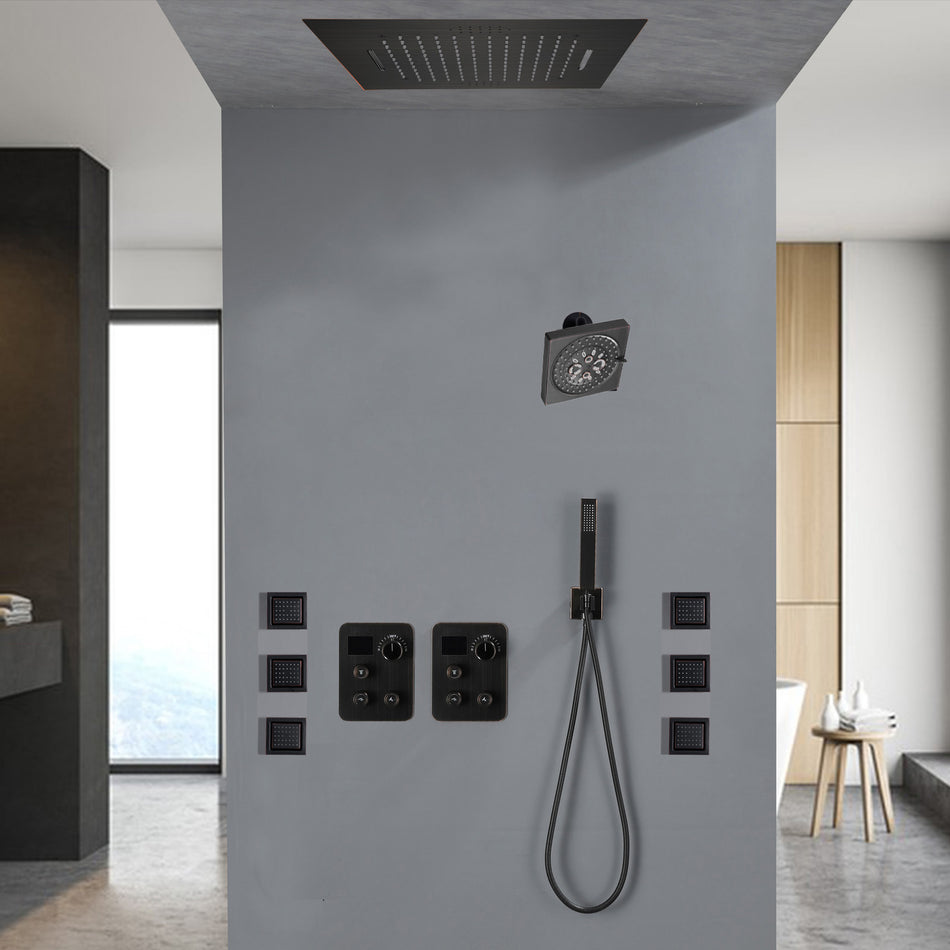 64 LED light Bluetooth Music 20-inch Rainfall Waterfall Flush Mounted Oil Rubbed Bronze 6-Way Thermostatic Shower Faucet System With Regular Heads And Handle Wand,Body Jets