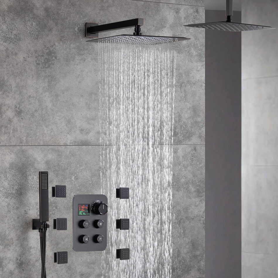 12-Inch Or 16 inch Non-LED Oil Rubbed Bronze (ORB) Ceiling-Mounted 4-Way Thermostatic Valve with Wall-Mounted 12-Inch Rain Head, Body Jets, and Dual Functionality