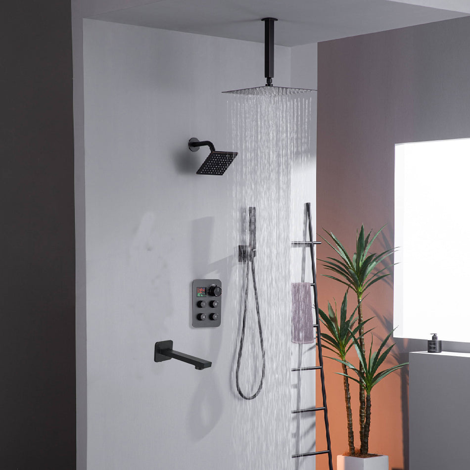 12" or 16" Ceiling Mount Rain Head with 4-Way Thermostatic Faucet and 7 inch tub spout and regular head