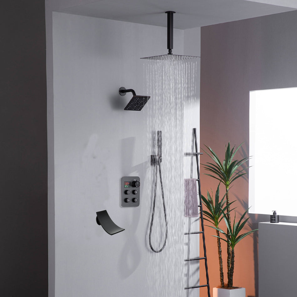 12" or 16" Ceiling Mount Rain Head with 4-Way Thermostatic Faucet and 7 inch tub spout and regular head