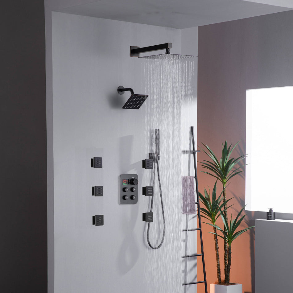 Oil Rubbed Bronze Wall Mount Rainfall Shower Head with 4-Way Thermostatic System, Body Jets, and High Water Pressure Wall Mount Shower Head