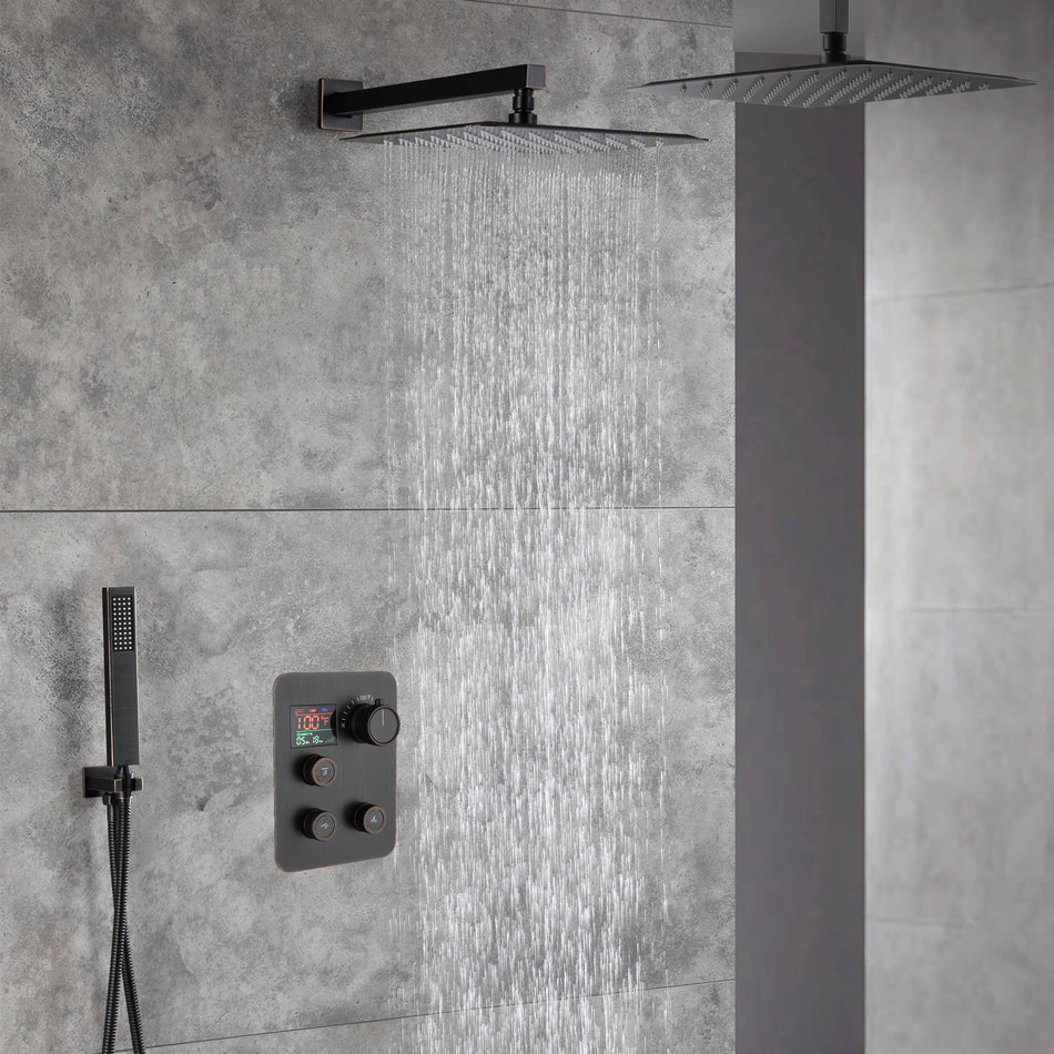 12-Inch Non-LED Light Ceiling Mounted Oil Rubbed Bronze 3-Way Thermostatic Shower Faucet System with Wall Mount 12-Inch Rainfall Shower Head