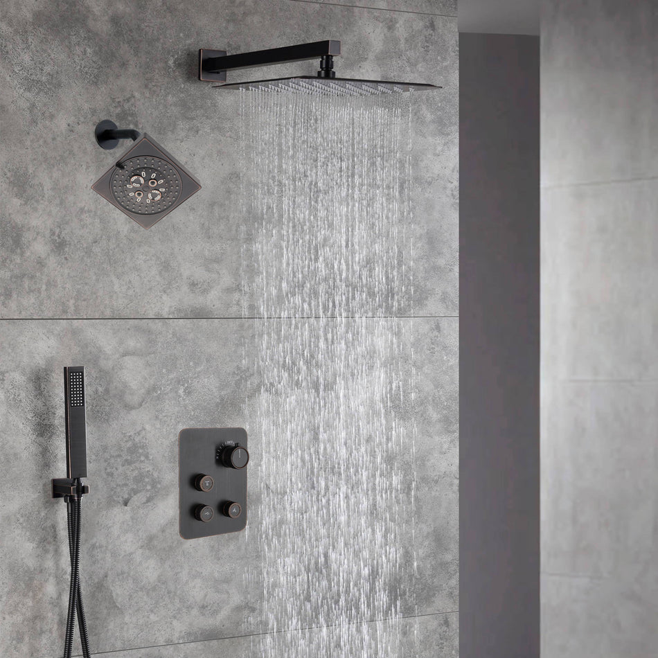 Oil Rubbed Bronze 12-Inch Rainfall Shower Head with 3-Way Thermostatic Faucet System and High-Pressure Regular Shower Head