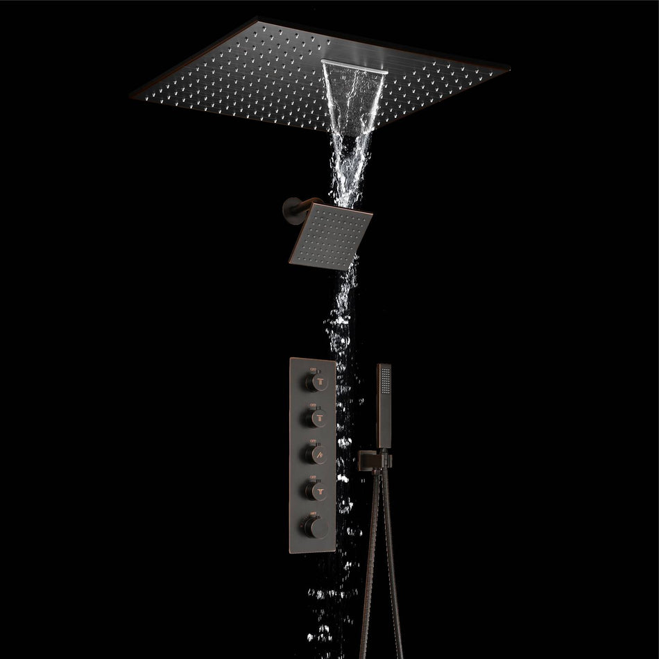 Oil Rubbed Bronze Ceiling Mount 20-Inch Rainfall Waterfall Shower Head with 4-Way Thermostatic System and High Water Pressure Wall Mount Shower Head