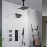 Oil Rubbed Bronze Ceiling Mount Rainfall Shower Head with 4-Way Thermostatic System, Body Jets, and High Water Pressure Wall Mount Shower Head