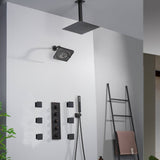 Oil Rubbed Bronze Ceiling Mount Rainfall Shower Head with 4-Way Thermostatic System, Body Jets, and High Water Pressure Wall Mount Shower Head