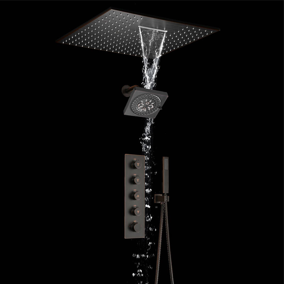 Oil Rubbed Bronze Ceiling Mount 20-Inch Rainfall Waterfall Shower Head with 4-Way Thermostatic System and High Water Pressure Wall Mount Shower Head