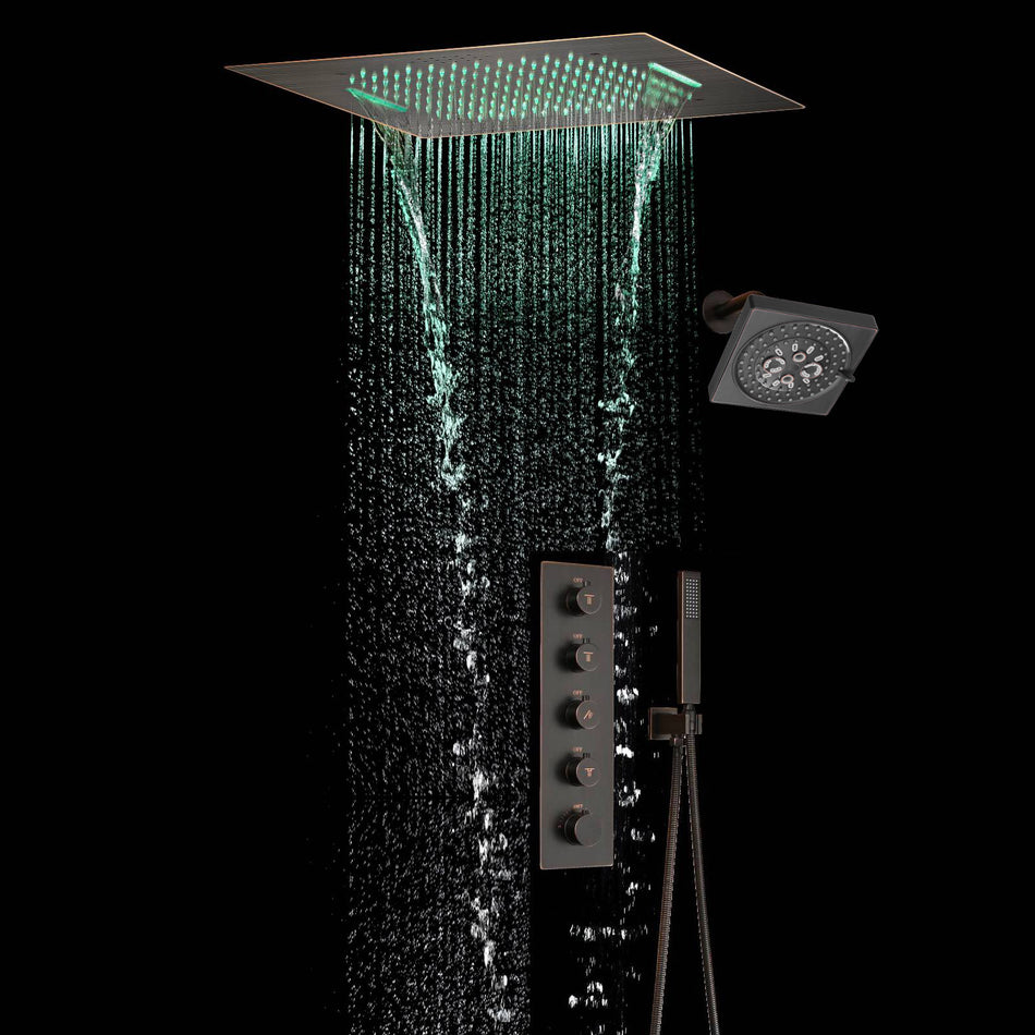 Oil Rubbed Bronze Flush Mount 20-Inch 64 LED Bluetooth Music Rainfall Waterfall Shower Head with 4-Way Thermostatic System and High Water Pressure Wall Mount Shower Head