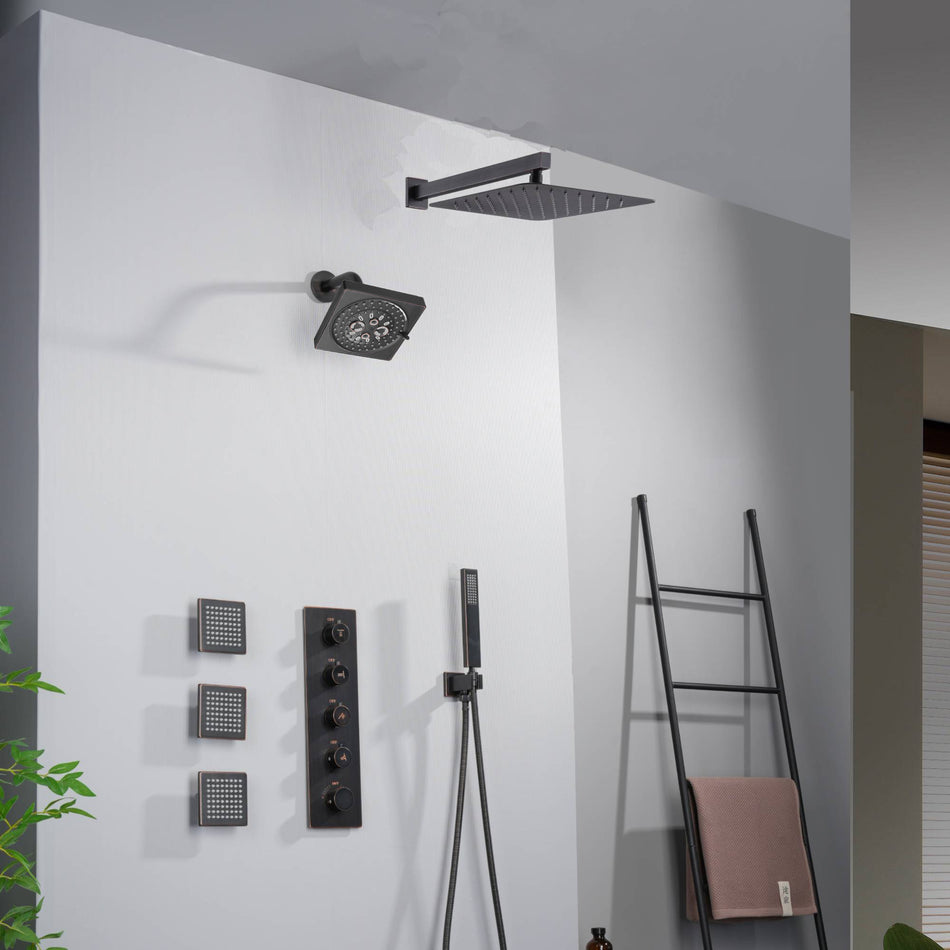 Oil Rubbed Bronze Wall Mount Rainfall Shower Head with 4-Way Thermostatic System, Body Jets, and High Water Pressure Wall Mount Shower Head