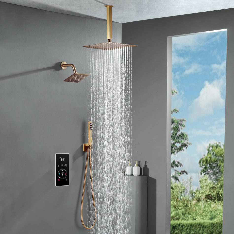 3 Way Thermal Digital Touchscreen Shower Faucet with regular head and rainfall head,Handle Shower