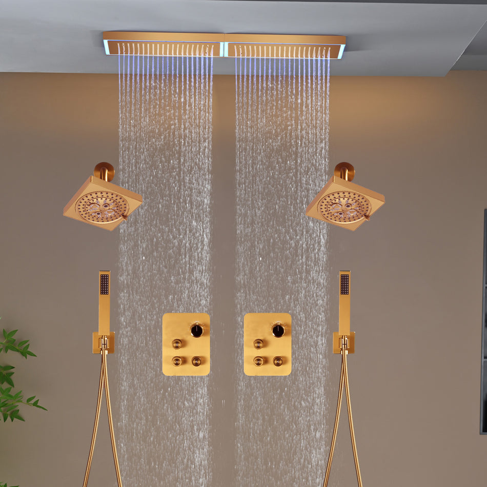Champagne Bronze Flush Mount 32 x 8 inch Rainfall 64 LED Light Shower Head with 6-Way Thermostatic Faucet and High-Pressure Dual Regular Heads