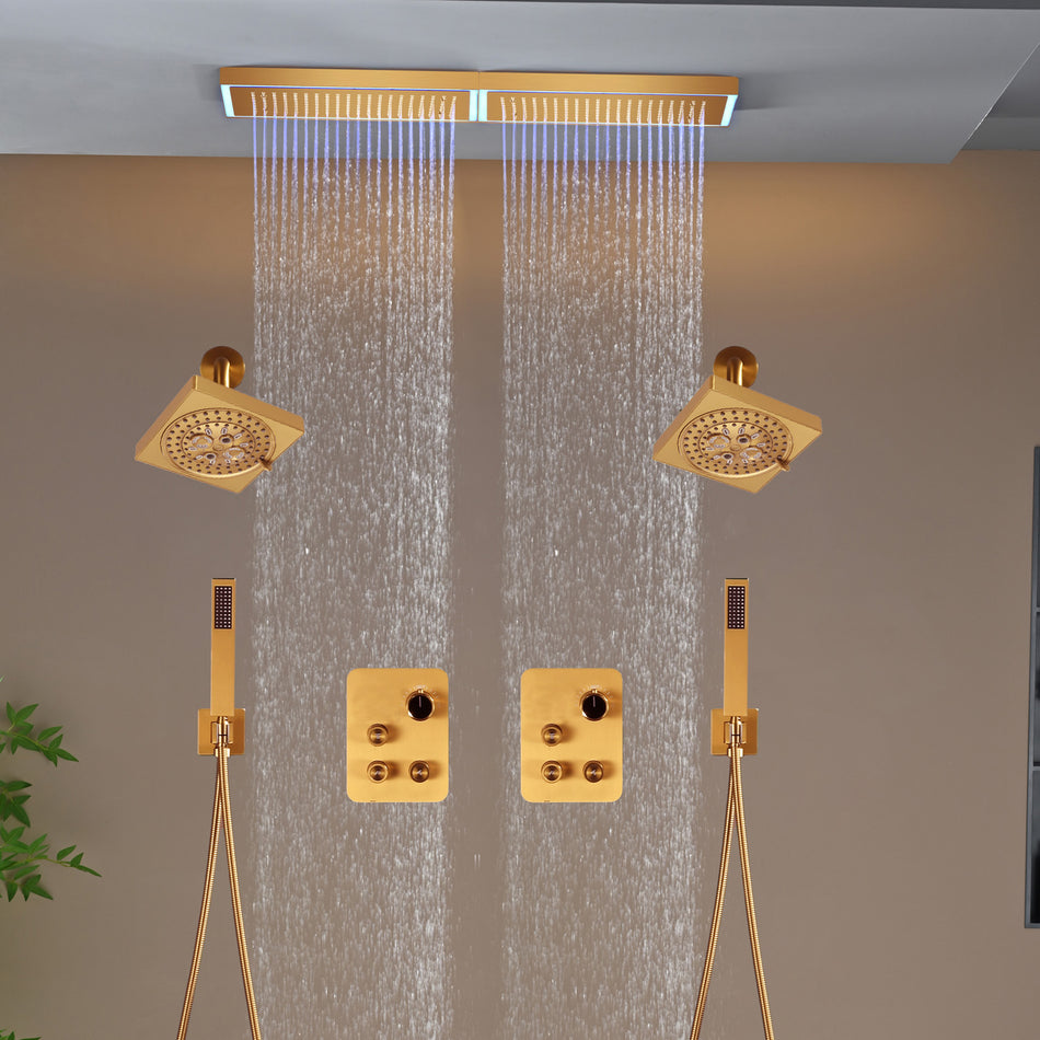 Champagne Bronze Flush Mount 32 x 8 inch Rainfall 64 LED Light Shower Head with 6-Way Thermostatic Faucet and High-Pressure Dual Regular Heads