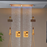 Champagne Bronze Flush Mount 32 x 8 inch Rainfall 64 LED Light Shower Head with 6-Way Thermostatic Faucet and High-Pressure Dual Regular Heads