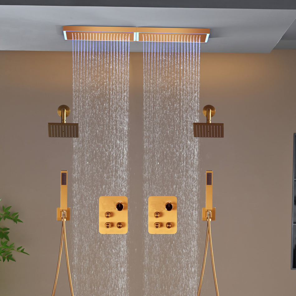 Champagne Bronze Flush Mount 32 x 8 inch Rainfall 64 LED Light Shower Head with 6-Way Thermostatic Faucet and High-Pressure Dual Regular Heads