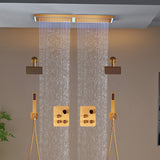 Champagne Bronze Flush Mount 32 x 8 inch Rainfall 64 LED Light Shower Head with 6-Way Thermostatic Faucet and High-Pressure Dual Regular Heads
