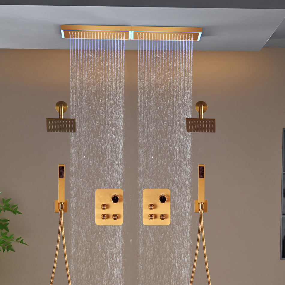 Champagne Bronze Flush Mount 32 x 8 inch Rainfall 64 LED Light Shower Head with 6-Way Thermostatic Faucet and High-Pressure Dual Regular Heads