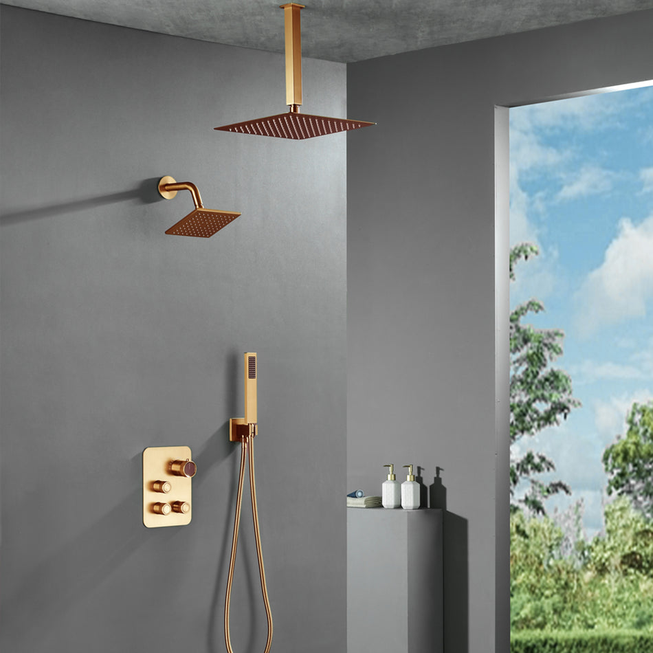 Champagne Bronze 12" or "16" Rainfall Head 3-Way Thermostatic Shower Faucet with Regular Head