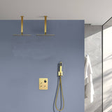 Brushed Gold Dual Ceiling & Wall Shower Heads with 3-Way Thermostatic Valve System - Seamless Functionality Both Together & Separately