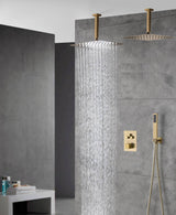 Brushed Gold Dual Ceiling & Wall Shower Heads with 3-Way Thermostatic Valve System - Seamless Functionality Both Together & Separately
