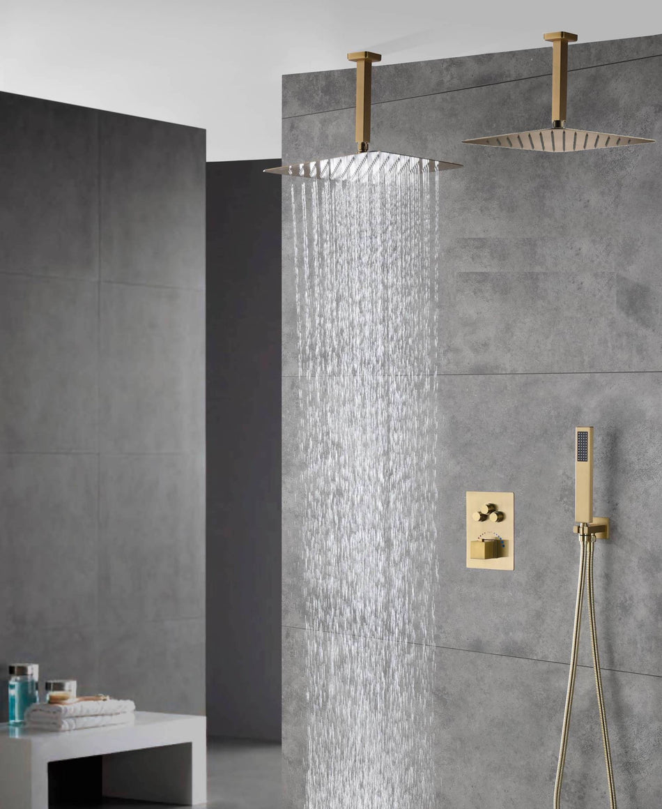 Brushed Gold Dual Ceiling & Wall Shower Heads with 3-Way Thermostatic Valve System - Seamless Functionality Both Together & Separately