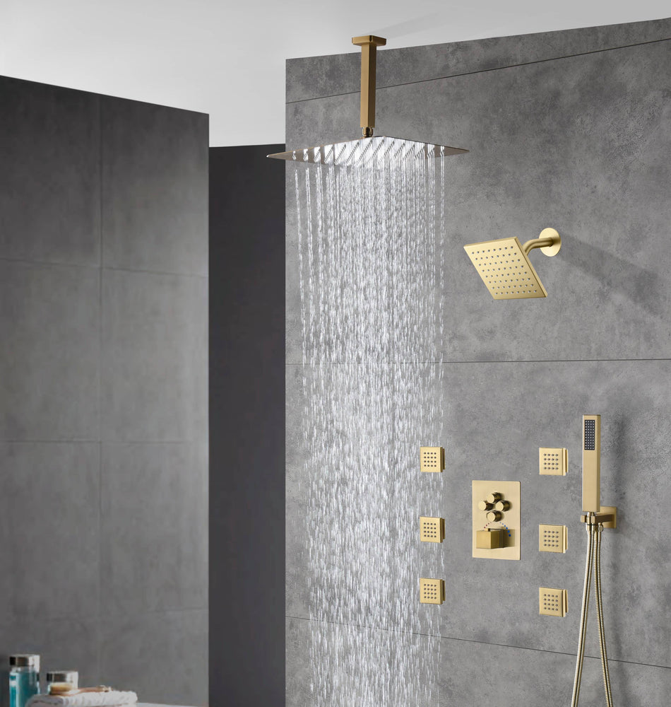 Brushed gold Ceiling mount rainfall shower heads wall mount regular shower head 4 way Thermostatic Shower valve system that each function run all together and separately