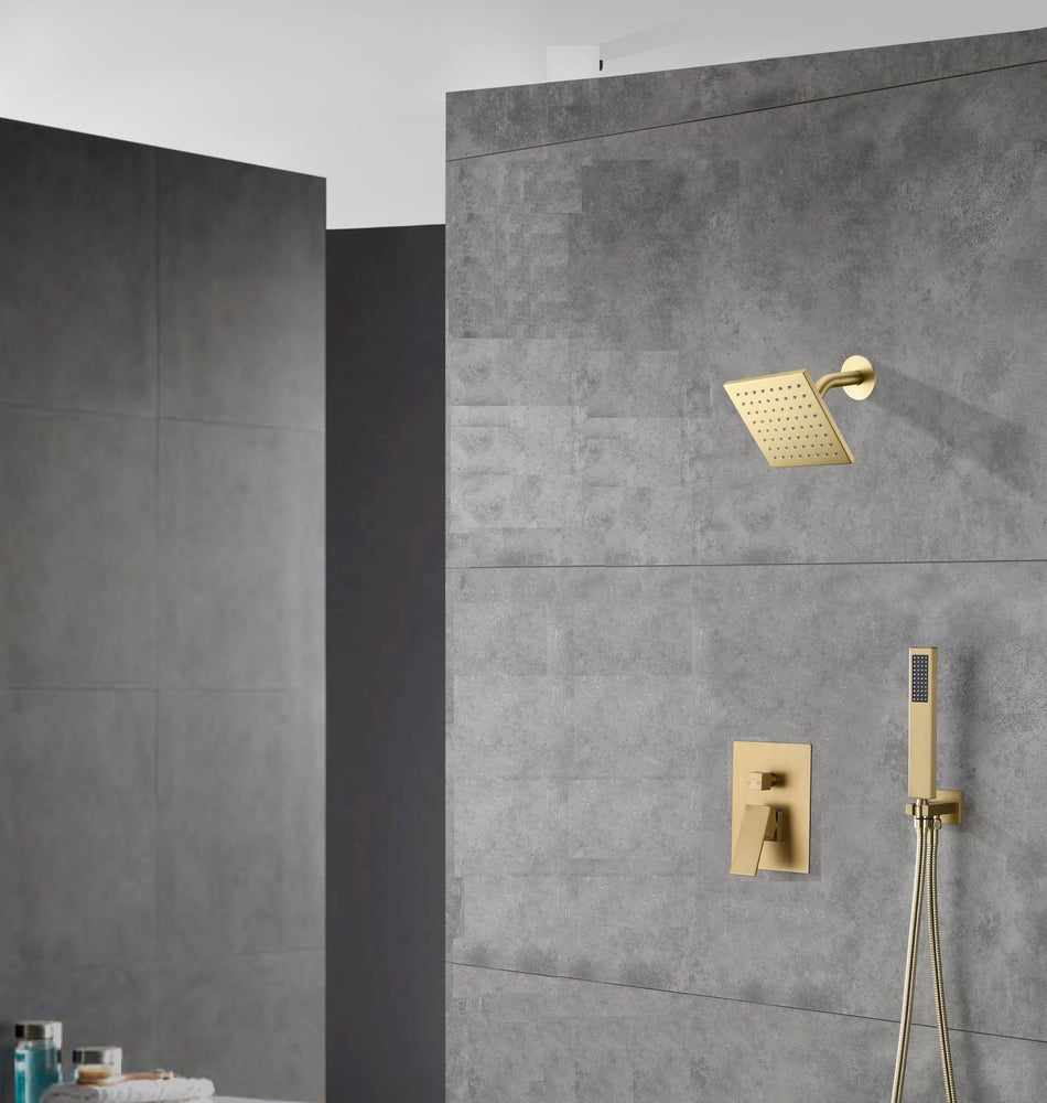 6 Inch Regular shower head wall Mount Brushed Gold two functions Shower System with pressure balance rough in valve and trim