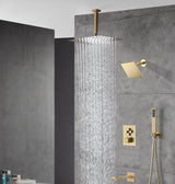 Brushed gold Ceiling mount rainfall shower heads wall mount regular shower head 4 way Thermostatic Shower valve system that each function run all together and separately