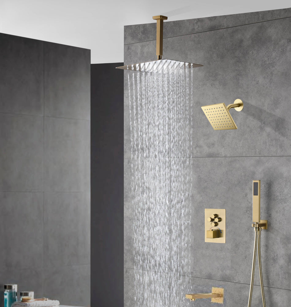 Brushed gold Ceiling mount rainfall shower heads wall mount regular shower head 4 way Thermostatic Shower valve system that each function run all together and separately