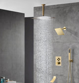Brushed gold Ceiling mount rainfall shower heads wall mount regular shower head 4 way Thermostatic Shower valve system that each function run all together and separately