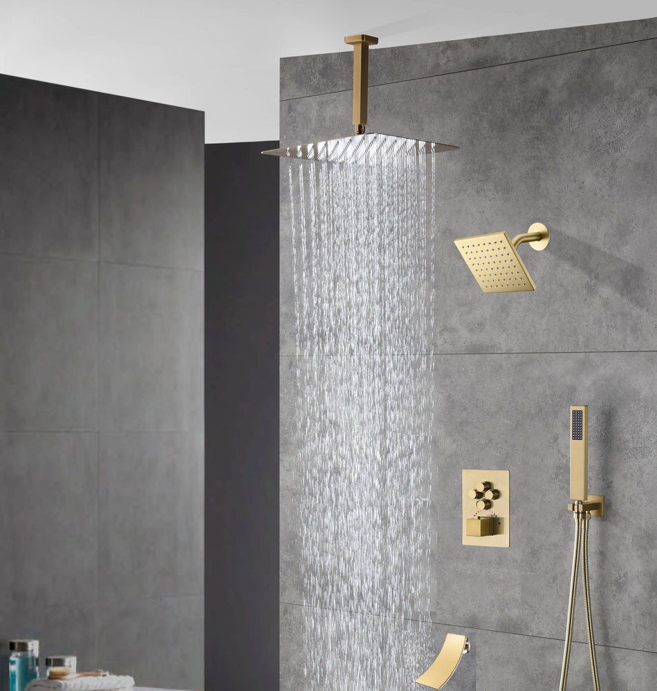 Brushed gold Ceiling mount rainfall shower heads wall mount regular shower head 4 way Thermostatic Shower valve system that each function run all together and separately